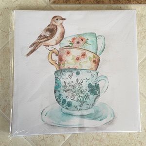 Wall art/painting ~ bird on stacked teacups